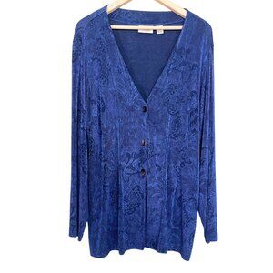Chicos Travelers Cardigan Jacket Womens Size 3 Blue Floral Slinky Long Knit